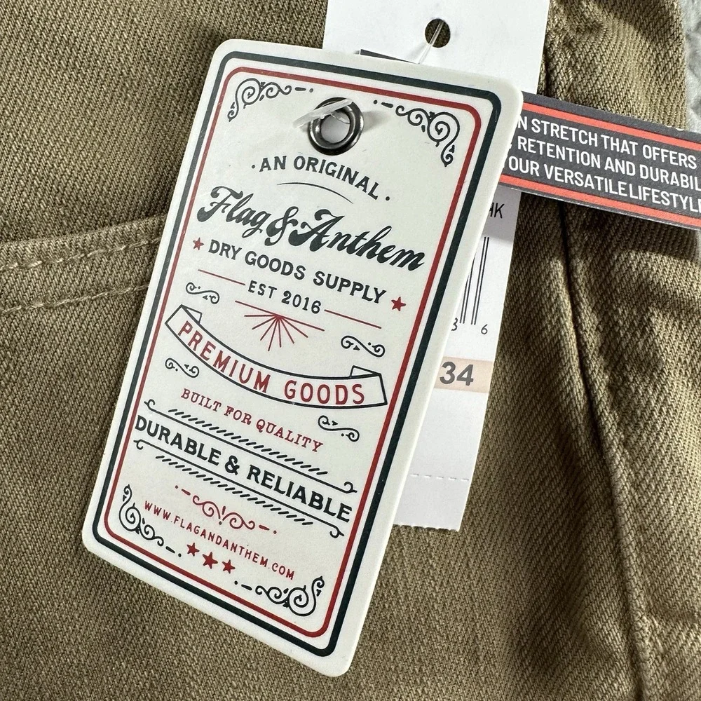 Flag and Anthem Chino Jean Pants Mens 42x34 Tan Brown Stretch Oakland Slim NWT‎